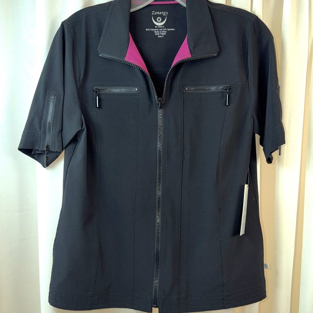 NWT Women's Zenergy by Chico's Black Short Sleeve Zipper Down Top Size O (S)
